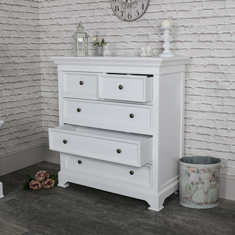 White Five Drawer Chest Of Drawers - Daventry White Range - Melody Maison® regarding 5 Drawers Chest With Nickel Rose Handle, Pearl White