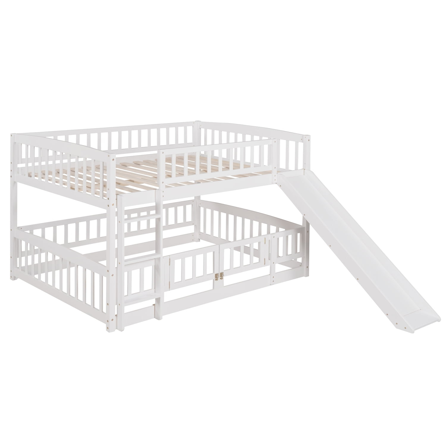 White Full Over Full Low Bunk Bed With Slide Fence And Ladder - Perfect ... inside Building the Perfect Kids Room with a Gewnee Bunk Bed Slide and Fence Considerations