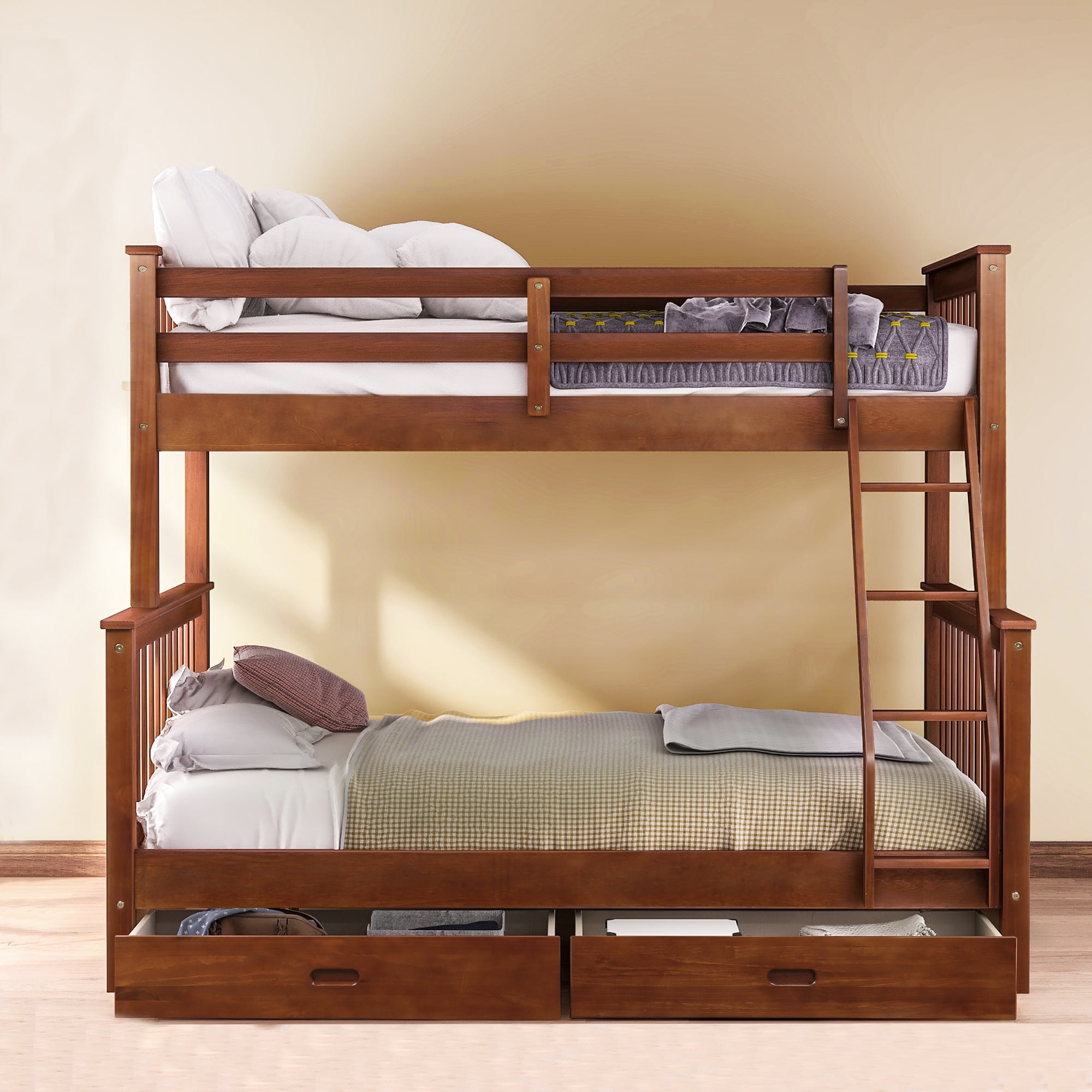 Wood Twin Over Full Bunk Beds, Kids Bunk Beds With Ladder, Safety Rail ... with regard to Gewnee Wooden Twin Over Full Bunk Bed With Storage Drawers In Gray