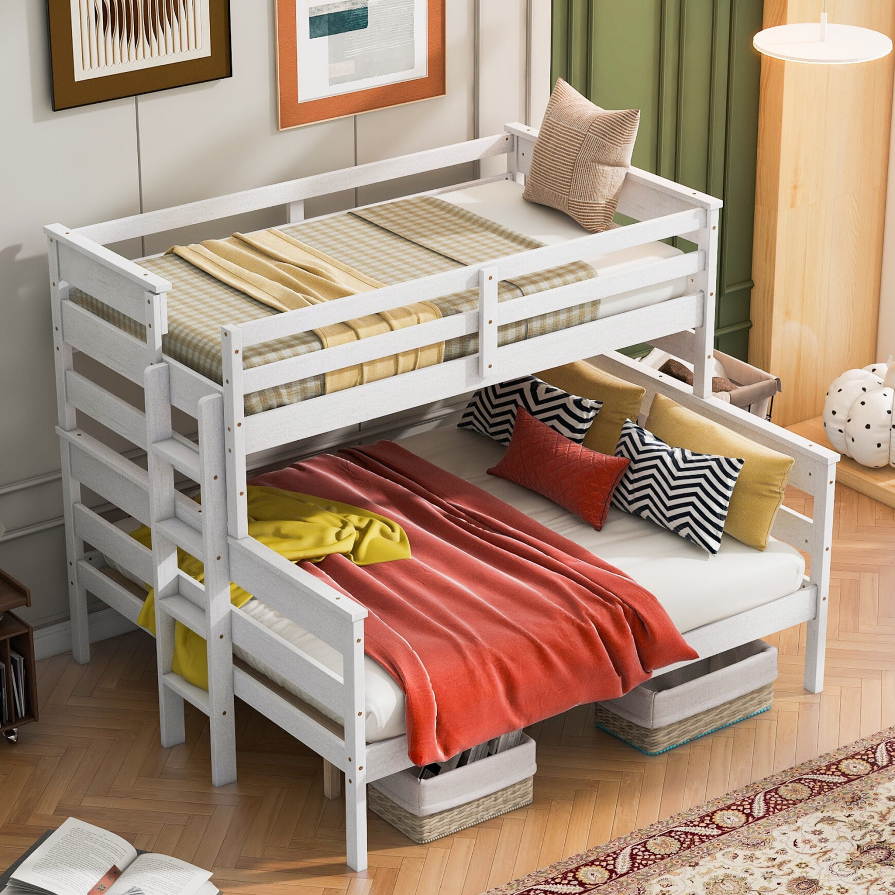 Wooden Twin Xl Over Queen Bunk Beds With Ladder, Solid Wood Low ... regarding Gewnee Twin Xl Over Queen Bunk Bed With Ladder And Guardrails, Walnut