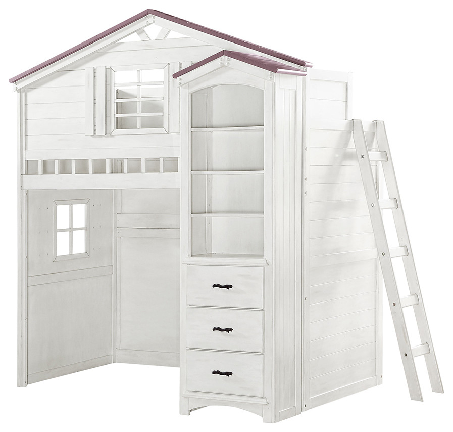 Acme Tree House Twin Loft Bed, Pink & White Finish - Transitional ... inside Building Memories How the ACME Gaston II Loft Bed Can Enhance Childhood