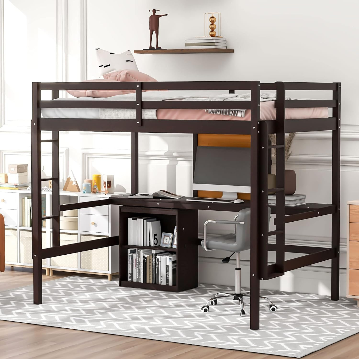 Amazon.com: Gowe Full Size Loft Bed With Desk And Writing Board, Wooden ... for The Ultimate Guide to Choosing the Right Gewnee Wood Full Size Loft Bed with Built-in Wardrobe for Your Needs