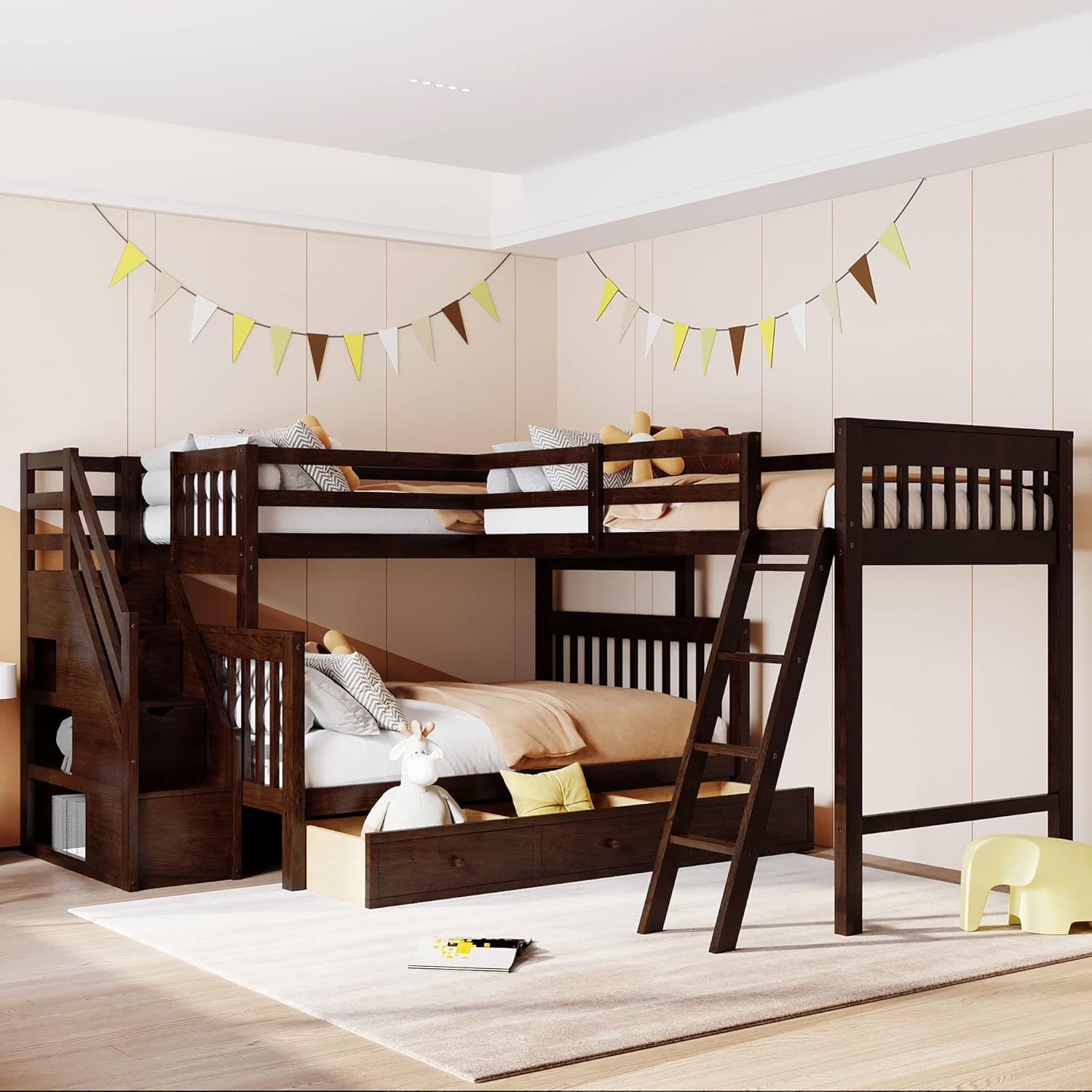 Amazon.com: L-Shaped Bed With 3 Drawers, Twin Over Full Staircase Bunk ... in Clay L-Shaped Bunk Bed Ladder Types and How to Choose the Right One