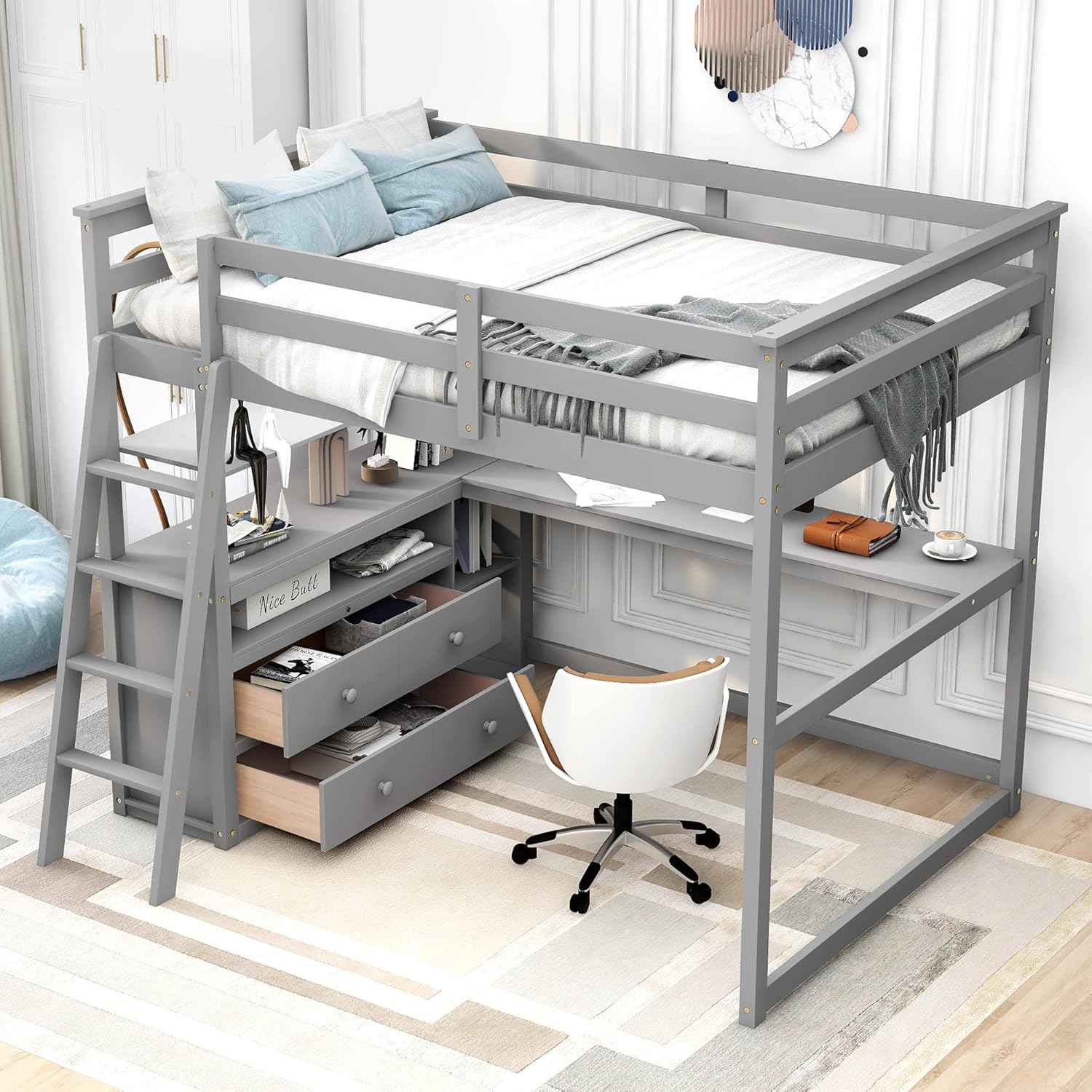 Amazon.com: Merax Full Size Wooden Loft Bed With L-Shape Desk/2 Built ... inside