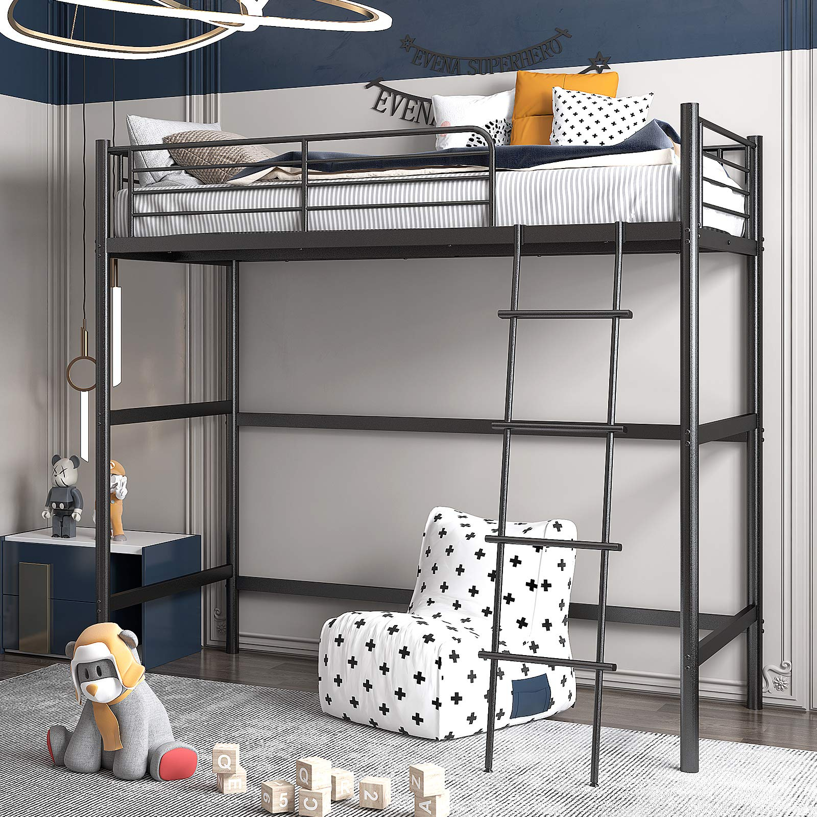 Buy Noillats Metal Twin Loft Bed With Flexible Ladder, Secure Loft Bed ... throughout Safety First The Essentials of Guard Rails and Loft Bed Design