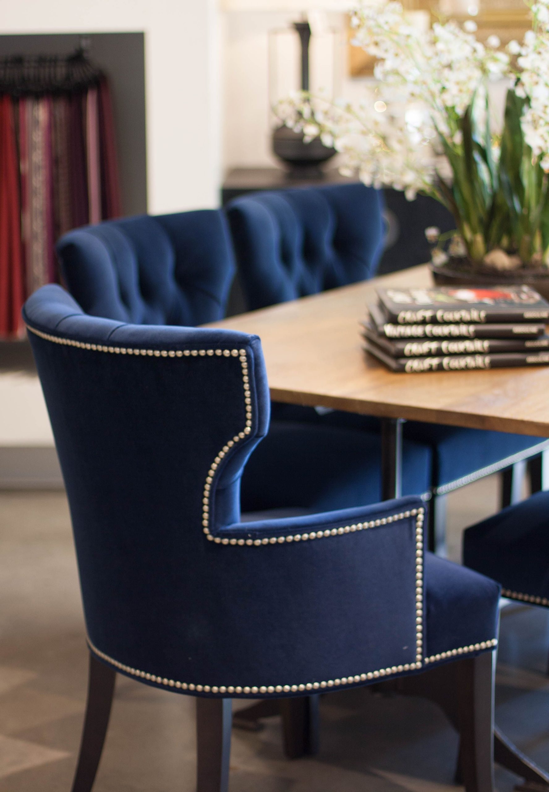 Crushed Velvet Royal Blue Dining Chairs And Wood Table | Blue Dining ... inside