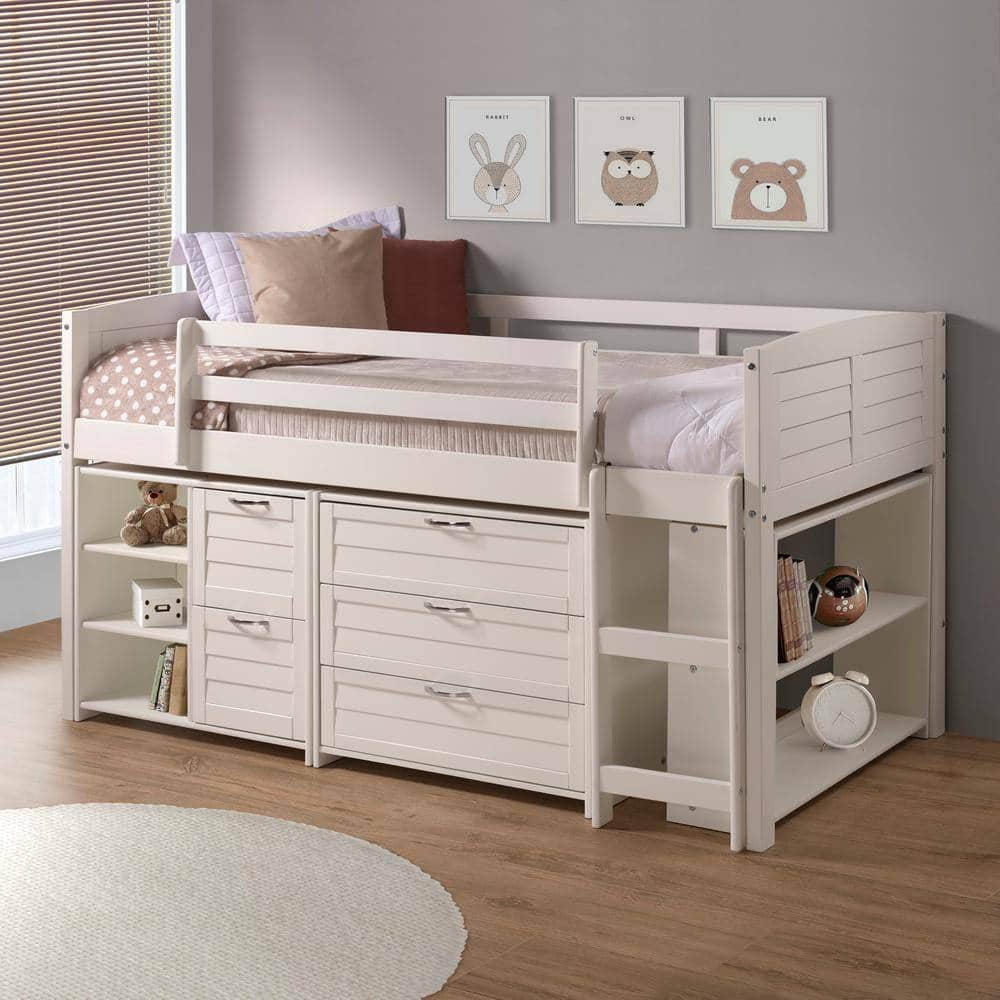 Donco Kids White Twin Louver Low Loft Bed With 3 And 2-Drawer Chests ... inside Designing for Focus How the Donco Kids Studying Student Low-Loft Bed Supports Academic Growth