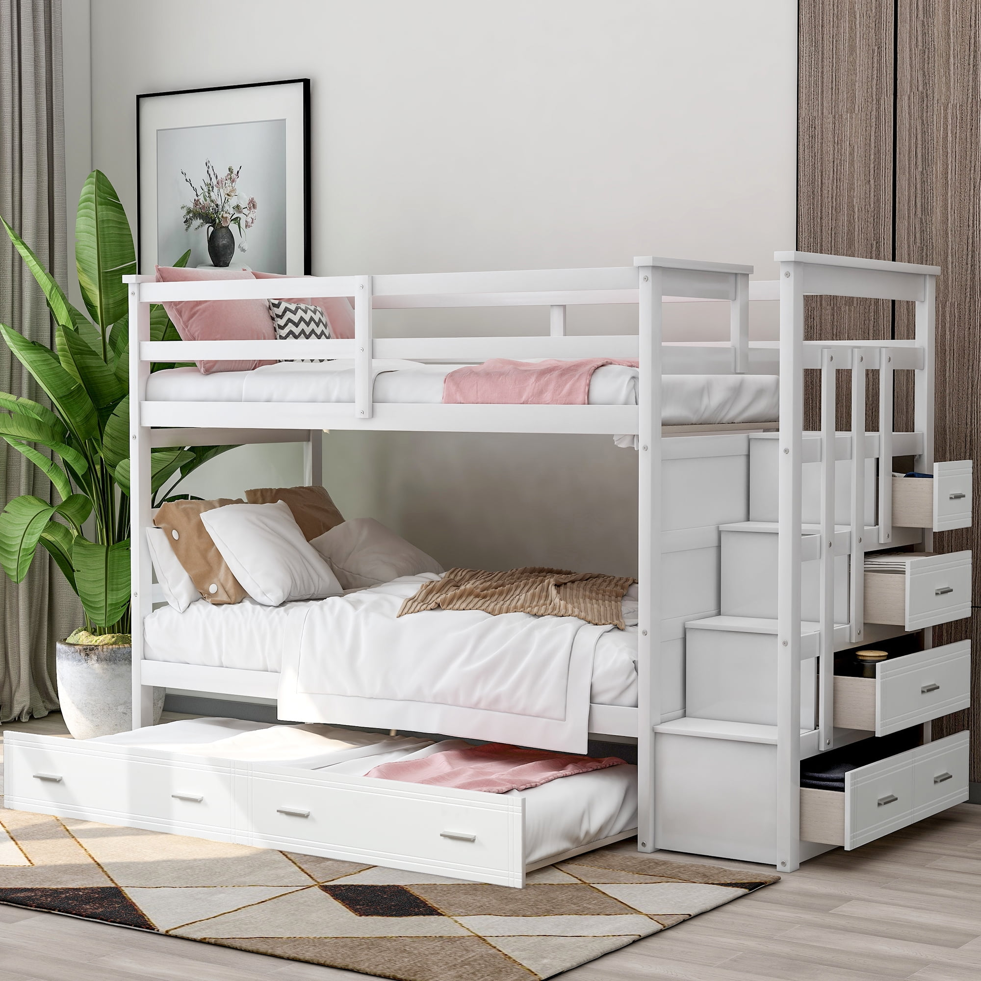 Euroco Twin Over Twin Bunk Bed With Trundle Storage Drawers, White ... intended for Space-Saving Solutions: How a Twin-over-Twin Bunk Bed Transforms a Room