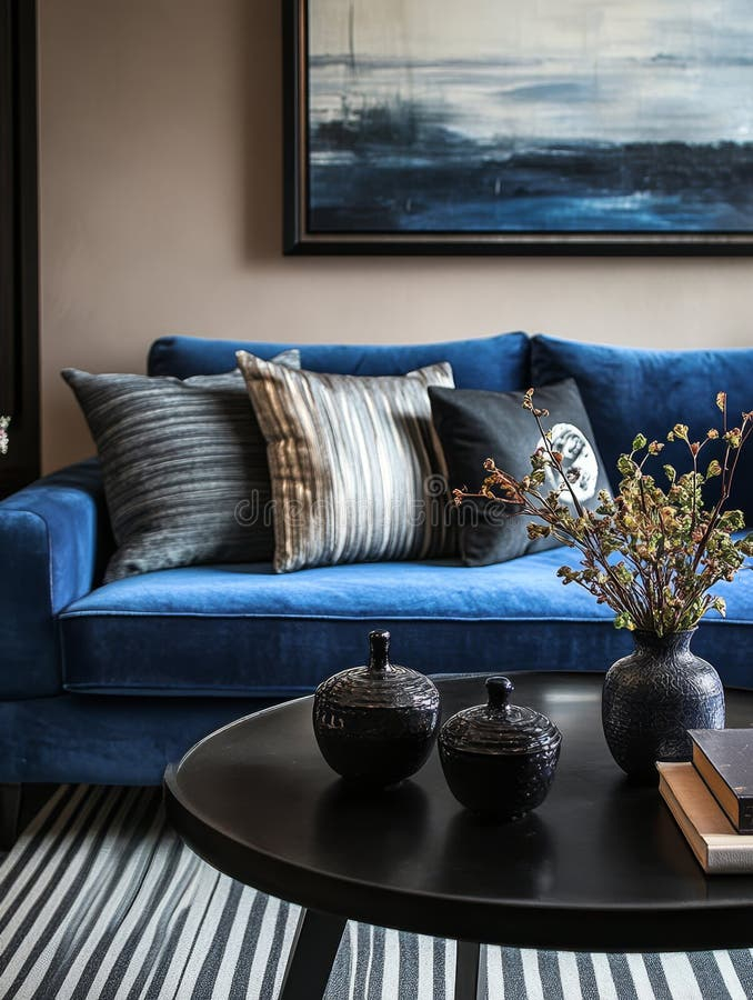 Explore A Minimalist Living Room With A Chic Blue Sofa And Modern Decor ... pertaining to