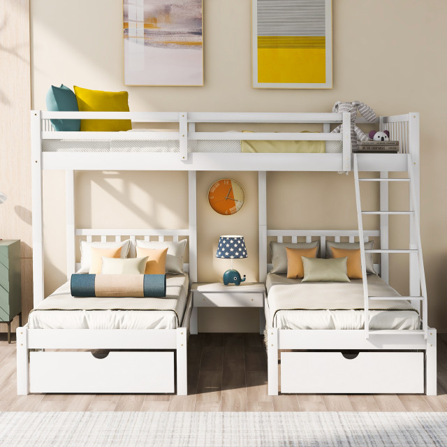 Gewnee Full Over Twin Wood Triple Bunk Bed With Drawers In White ... throughout Space Saving Secrets Unveiled Gewnee Bunk Bed Designs for Shared Rooms