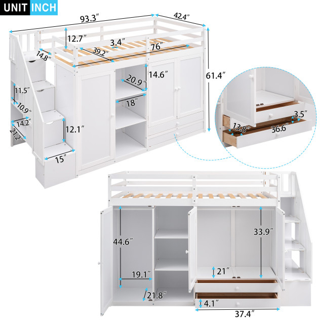 Gewnee Functional Loft Bed With 3 Shelves, 2 Wardrobes And 2 Drawers In ... in Gewnee Loft Bed Assembly Secrets Tips from Experienced Users