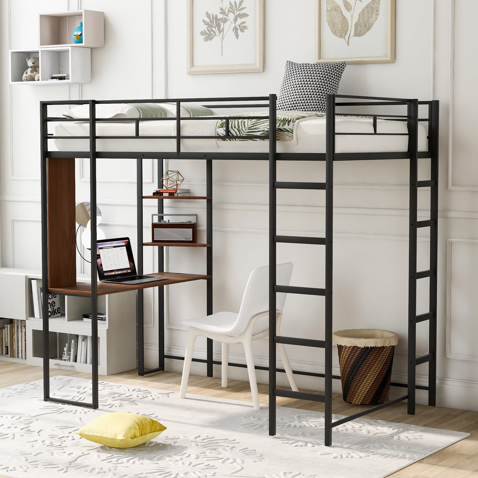 Gewnee Metal Twin Size Loft Bed With Desk, Two Shelves And Built-In 2 ... with