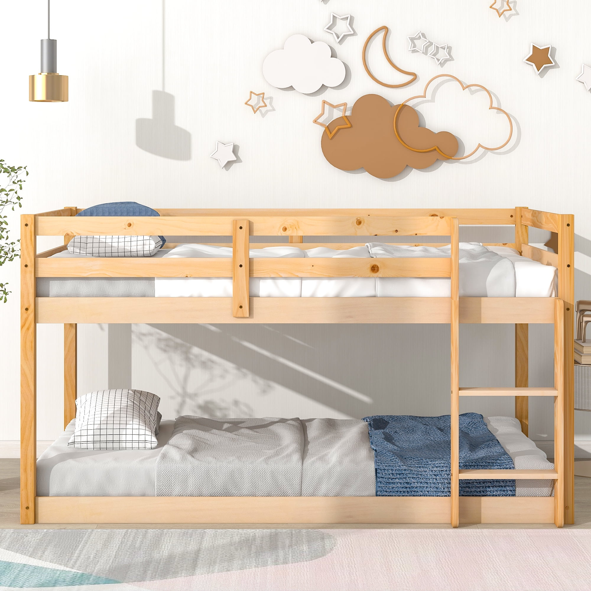 Gewnee Solid Wood Twin Over Twin Floor Bunk Bed With Safety Rail And ... pertaining to