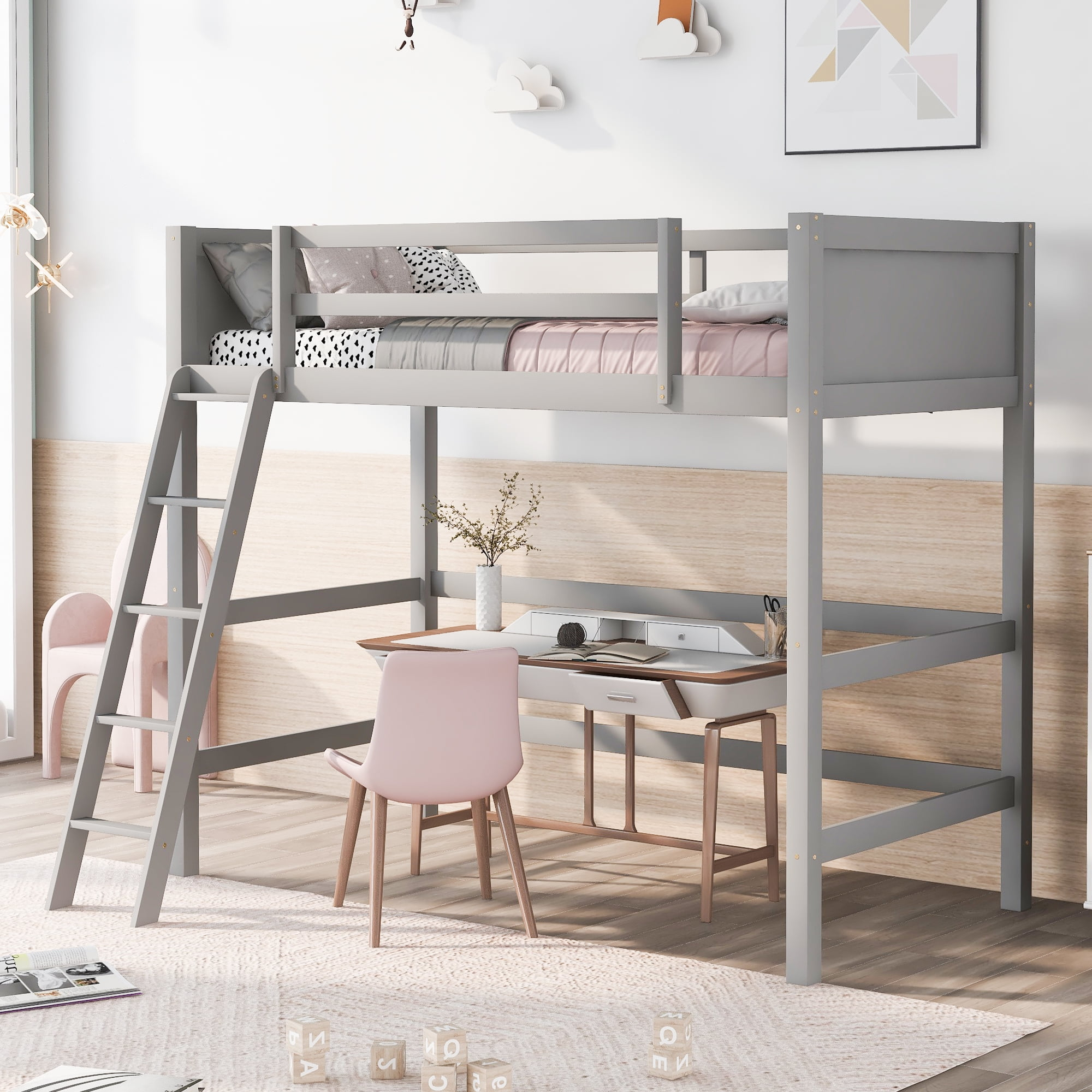 Gewnee Twin Loft Bed, Solid Wood Loft Beds With Ladder For Kids Teens ... throughout