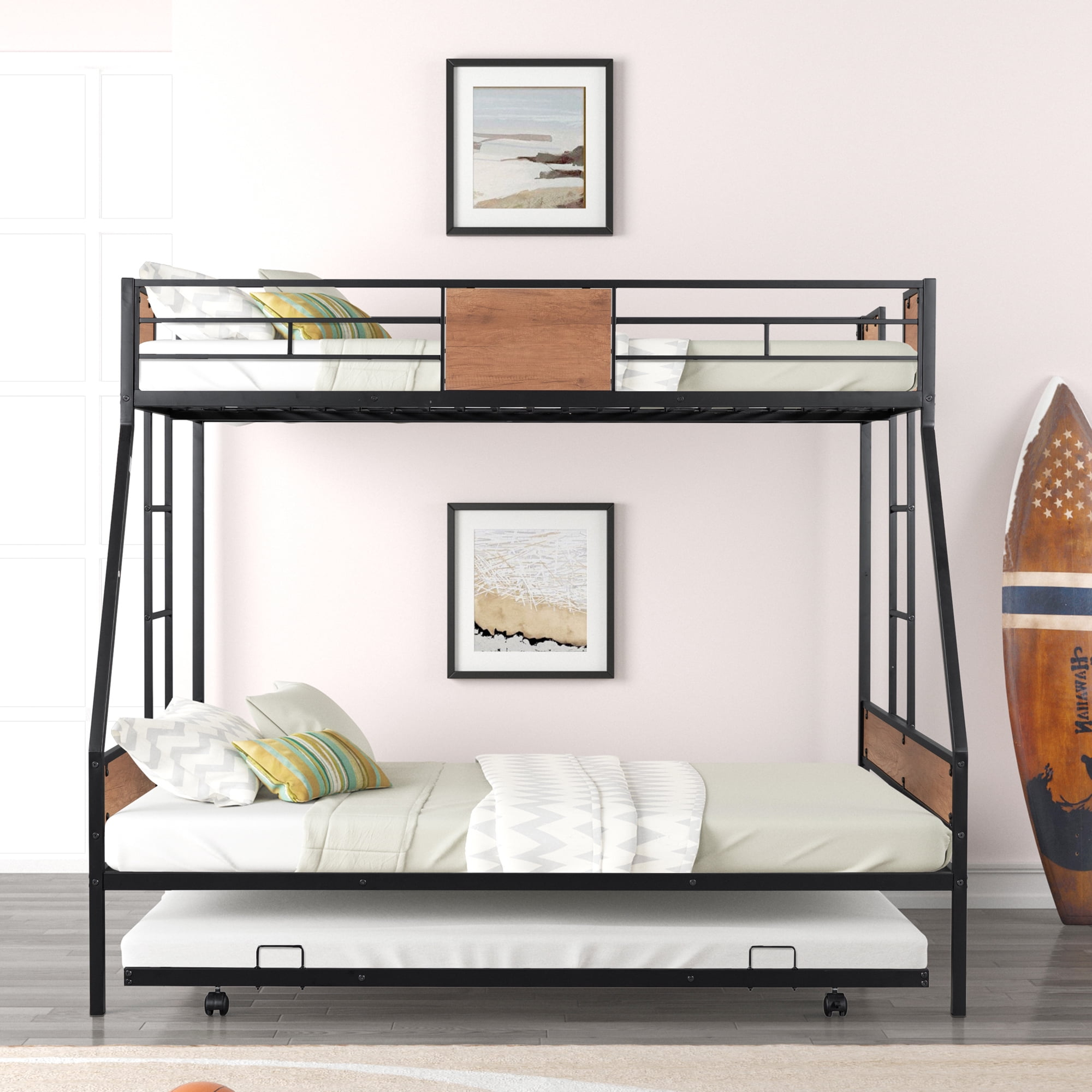 Gewnee Twin Over Full Metal Bunk Bed With Trundle And Two Ladders For ... for