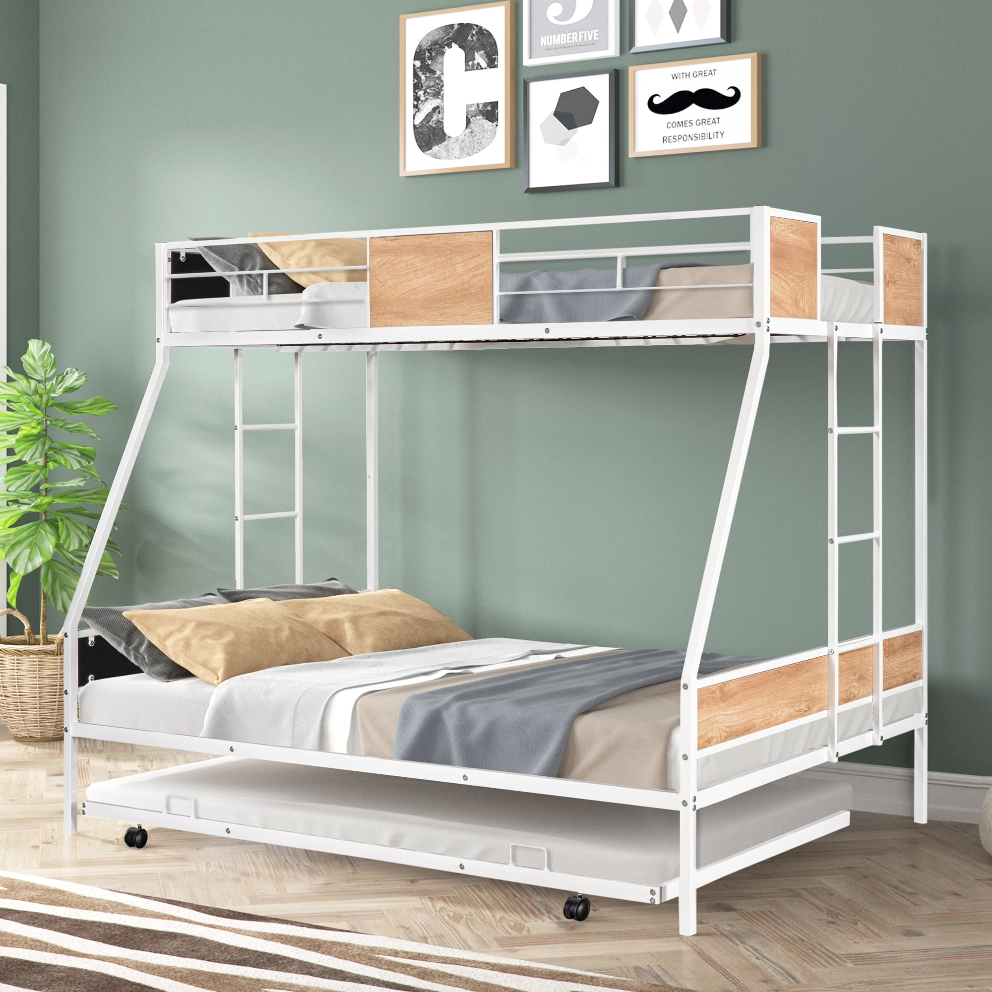 Gewnee Twin Over Twin Full Metal Bunk Bed Frames With Trundle & Two ... pertaining to The Ultimate Guide to Gewnee Twin Over Twin Metal Bunk Bed Accessories
