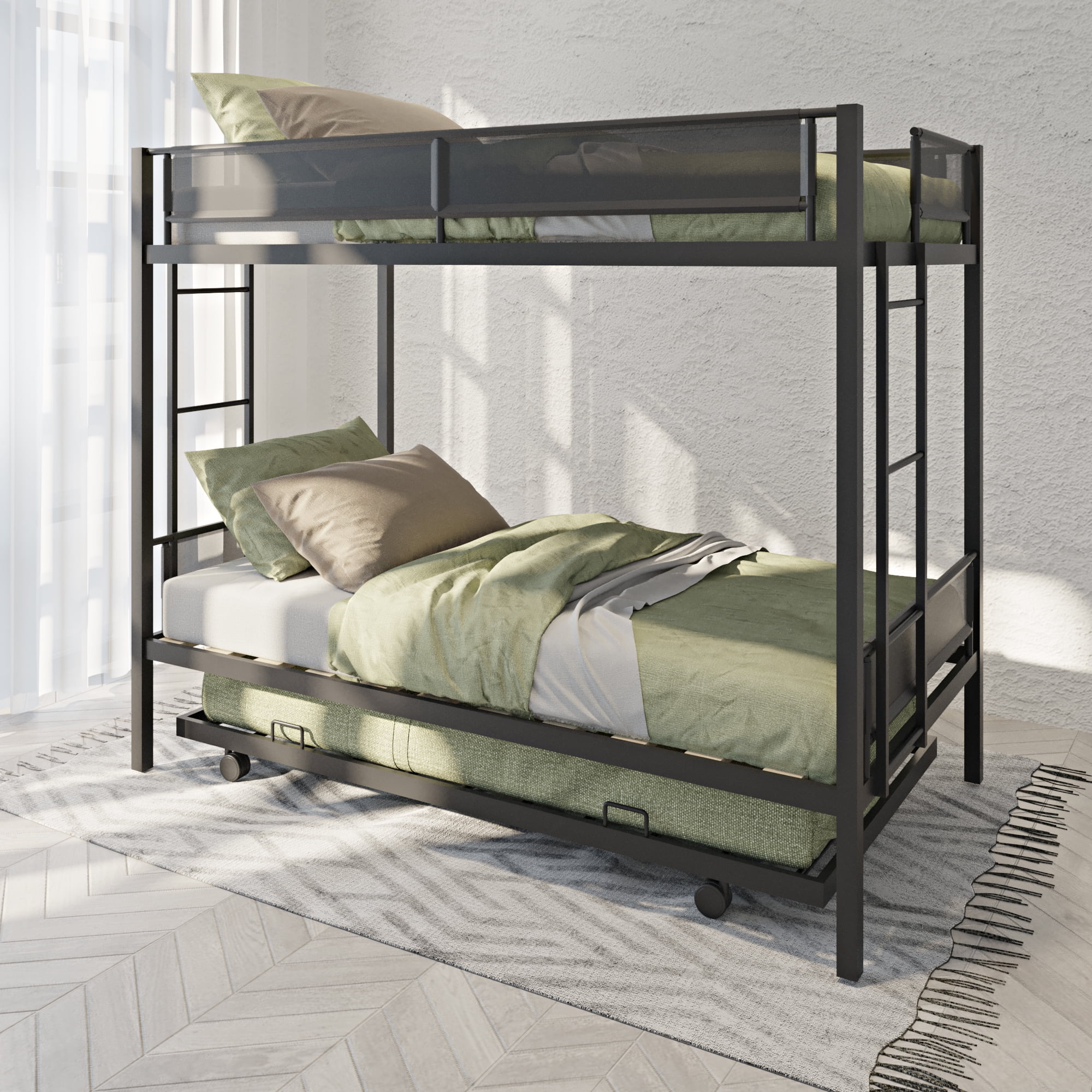 Gewnee Twin Over Twin Metal Bunk Bed With Trundle Bed & 2 Side Ladders ... regarding