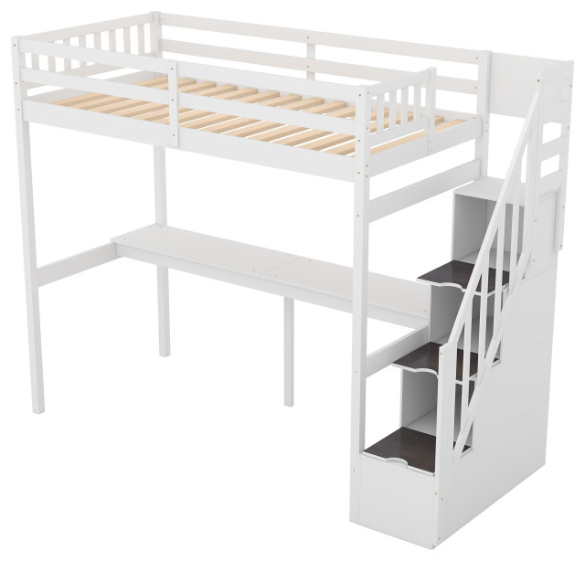 Gewnee Twin Size Loft Bed With Storage Staircase And Built-In Desk In ... for