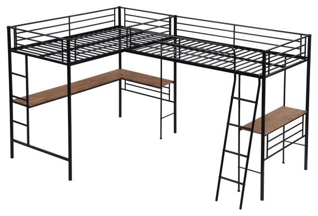 Gewnee Twin Size Metal Loft Bed With Two Built-In Desks In Black ... within