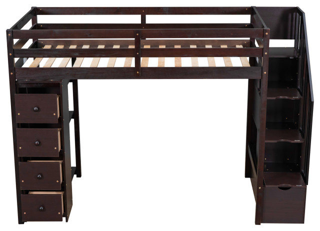 Gewnee Wood Twin Loft Bed With Storage Drawers And Stairs In Espresso ... in
