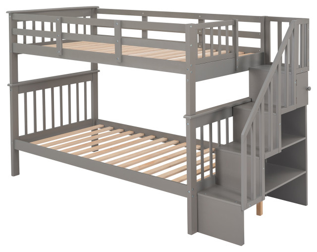 Gewnee Wood Twin-Over-Twin Bunk Bed With Storage Stairway In Gray ... in
