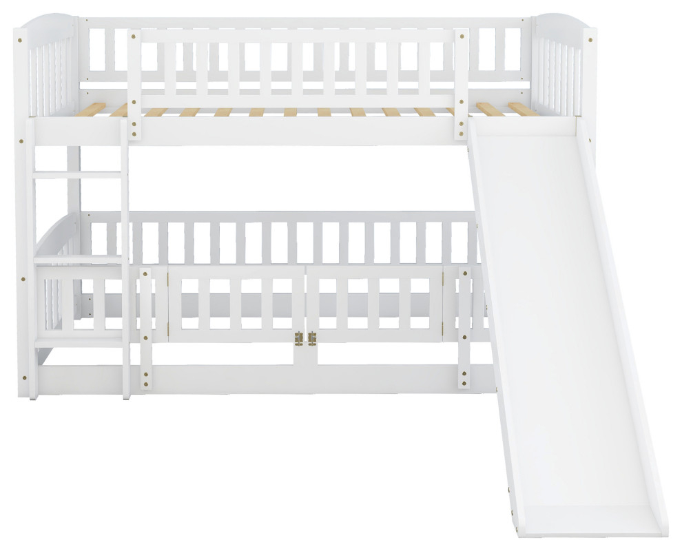 Gewnee Wood Twin Over Twin Low Bunk Bed With Slide And Fence ... throughout