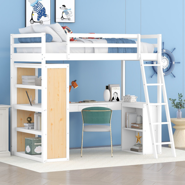 Gewnee Wood Twin Size Loft Bed With Ladder And Desk In White ... for