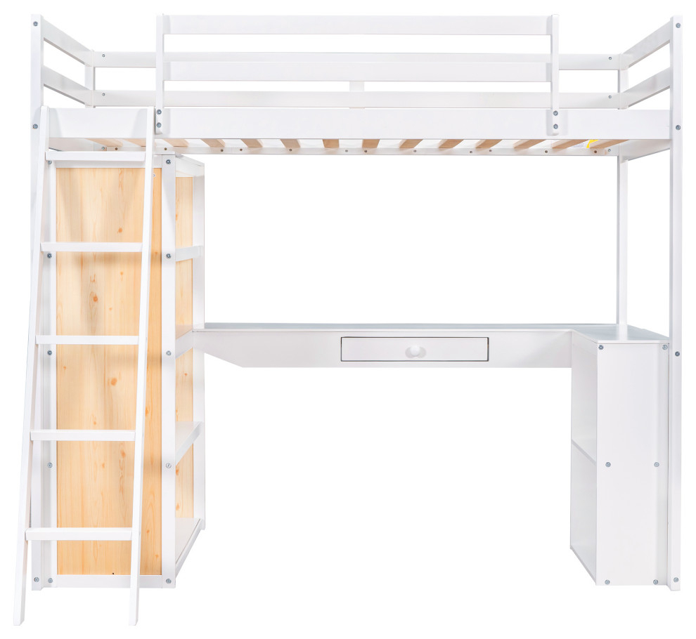 Gewnee Wood Twin Size Loft Bed With Ladder And Desk In White ... pertaining to