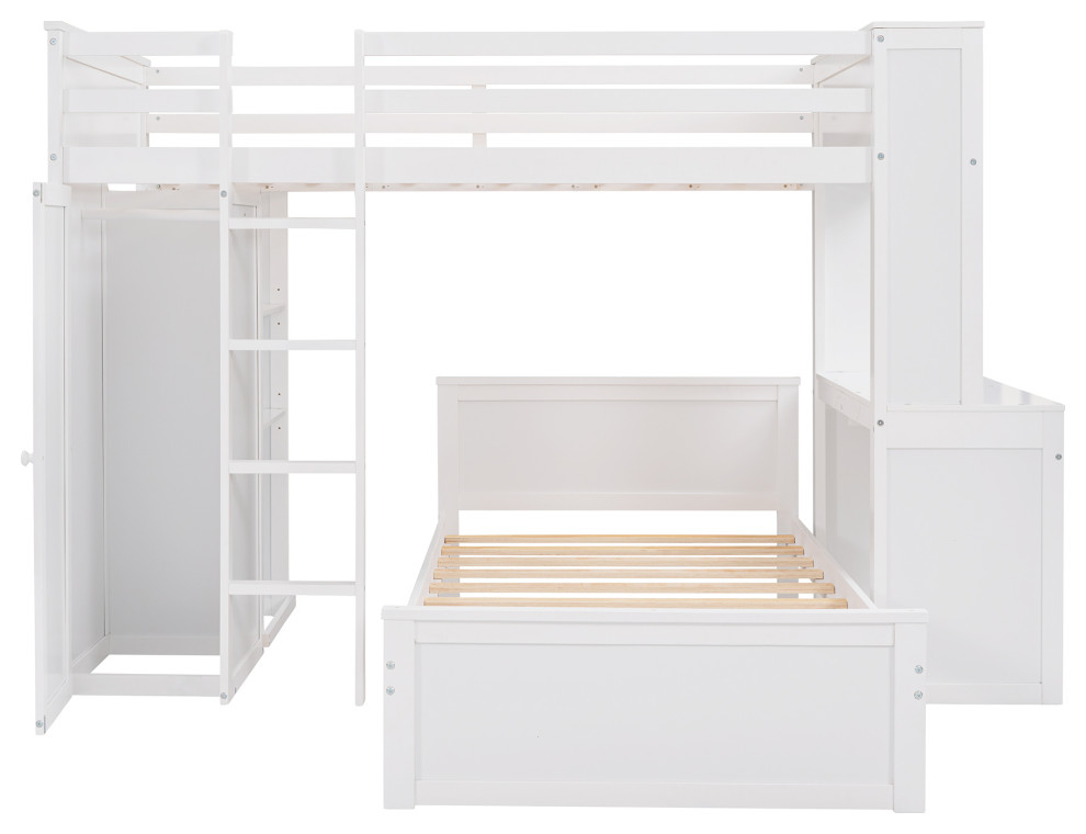 Gewnee Wood Twin Size Loft Bed With Platform Bed And Wardrobe In White ... in