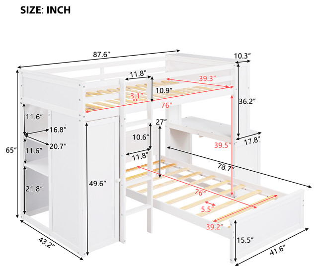 Gewnee Wood Twin Size Loft Bed With Platform Bed And Wardrobe In White ... throughout