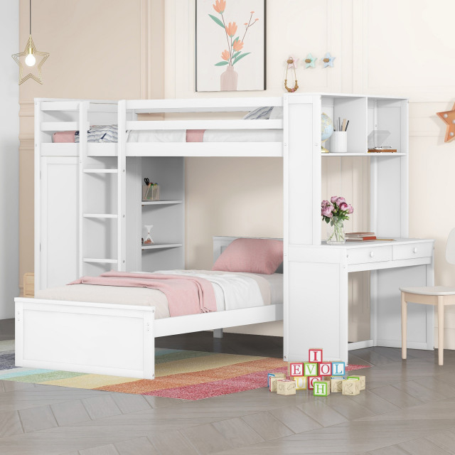 Gewnee Wood Twin Size Loft Bed With Platform Bed And Wardrobe In White ... with regard to