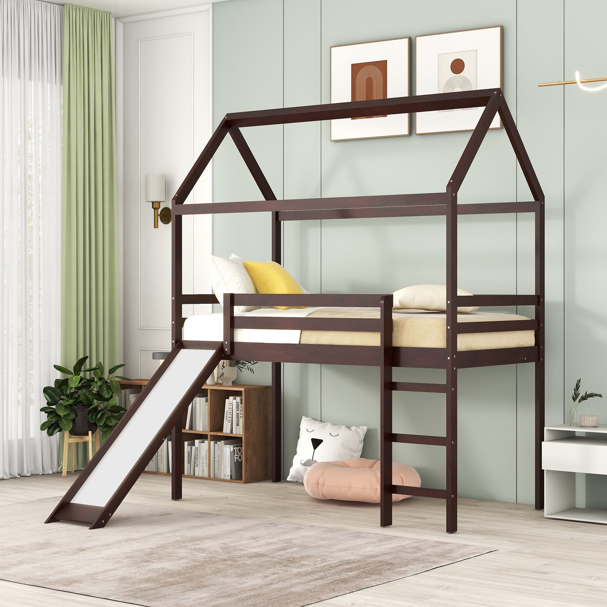 Gewnee Wood Twin Size Loft Bed,Kids House Bed With Slide And Ladder ... with