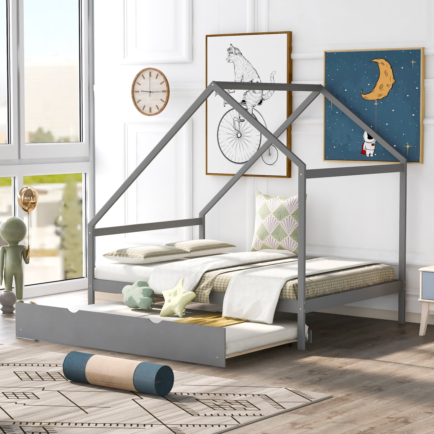 Gray Full Size Wooden House Bed With Twin Trundle - Maximizing Space ... regarding