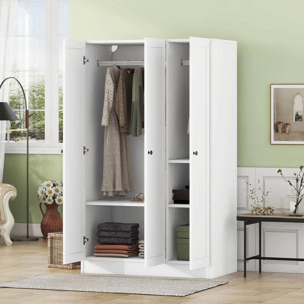 Harper &Amp; Bright Designs White Wood 41.4 In. 3-Door Wardrobe Armoire ... inside Comparing White Wardrobe Armoires Finding the Right One for You