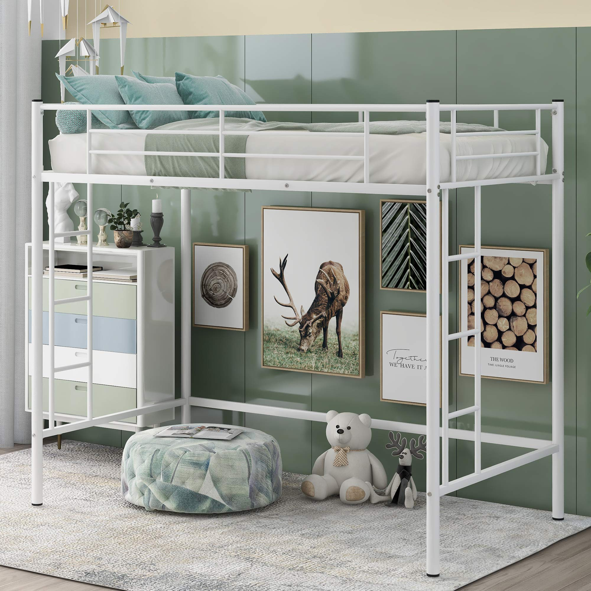 Heavy Duty Twin Loft Bed With 2 Ladder, Space-Saver Multifunctional ... with