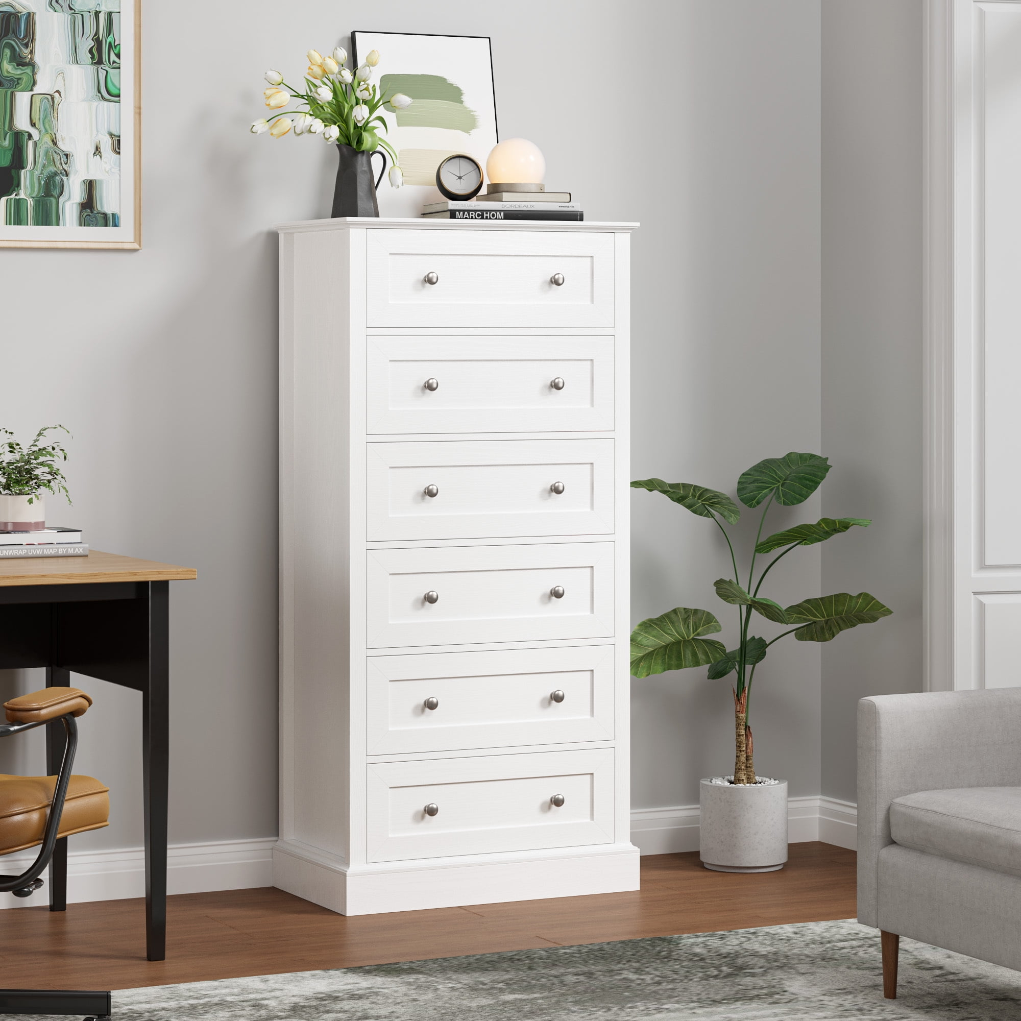 Homfa 6 Drawer White Dresser, Tall Chest Of Drawers Storage Cabinet For ... with regard to