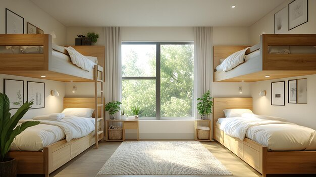 Hostel Bedroom With Sturdy Wooden Bunk Beds White Bedding And A Bright ... inside