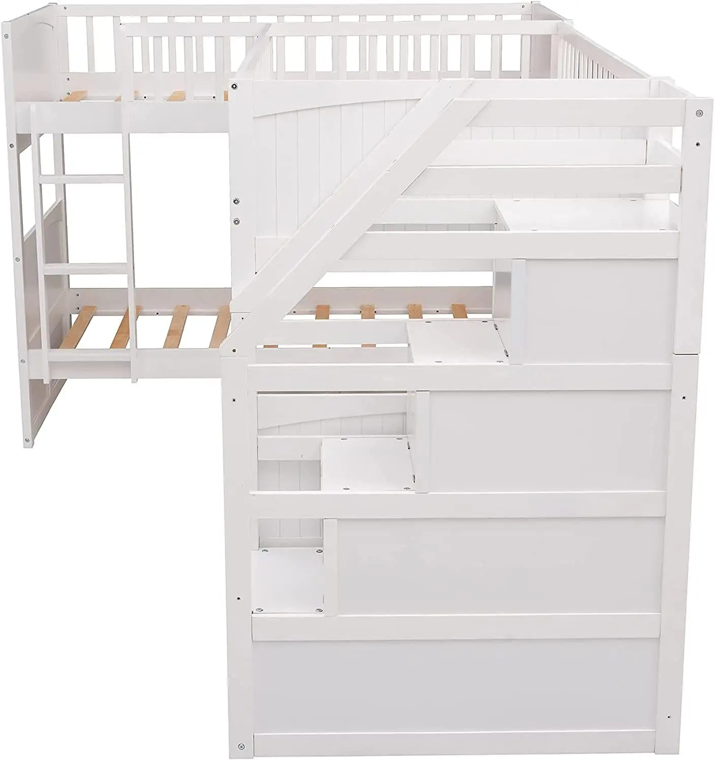 Maximized Space Twin Over Twin Bunk Beds White Wooden L-Shaped Bunk Bed ... in