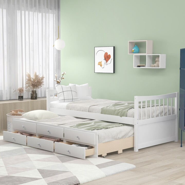 Rasoo Solid Wood Daybed With Trundle And 3 Drawers, Space Maximizing ... in Maximizing Space with a Twin Trundle Exploring Practical Solutions