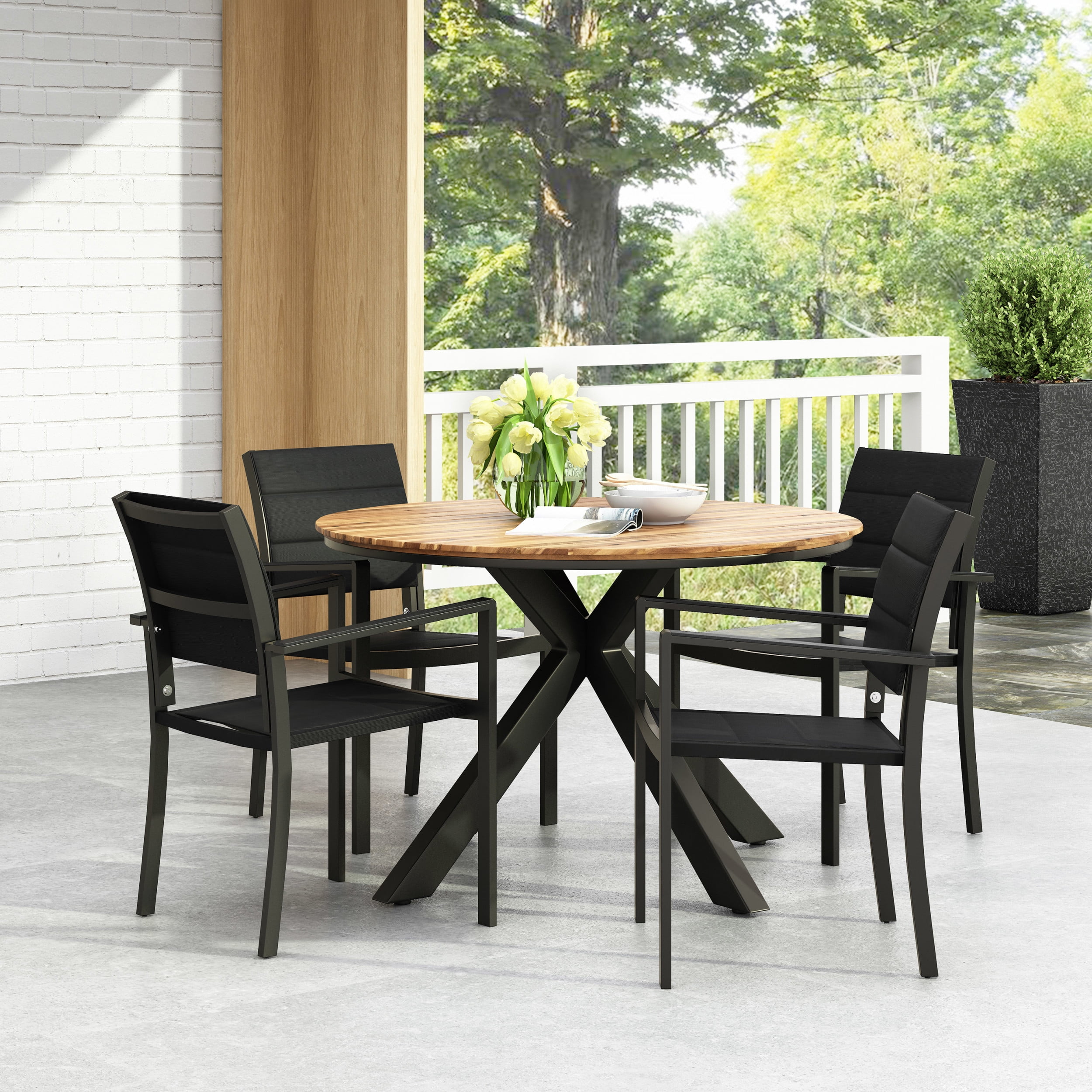 Satterlee Mesh And Acacia Outdoor Wood 5 Piece Dining Set, Black And ... inside Unveiling the Charm of a 5-Piece Dining Set Exploring Design and Functionality