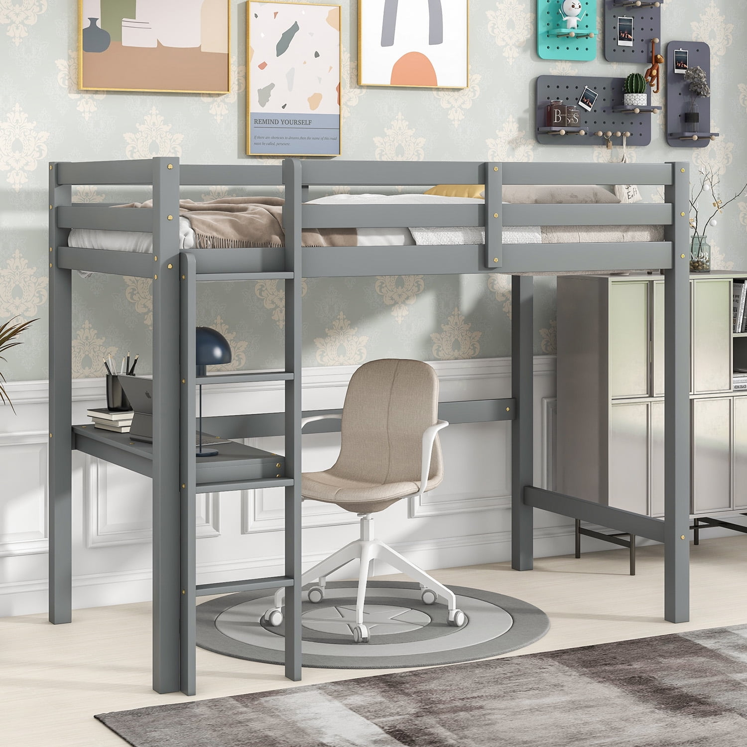 Solid Wood Loft Bed, Twin Loft Bunk Bed Bedroom Furniture With Full ... regarding The Ultimate Guide to Assembling and Maintaining Your Gray Solid Wood Loft Bed