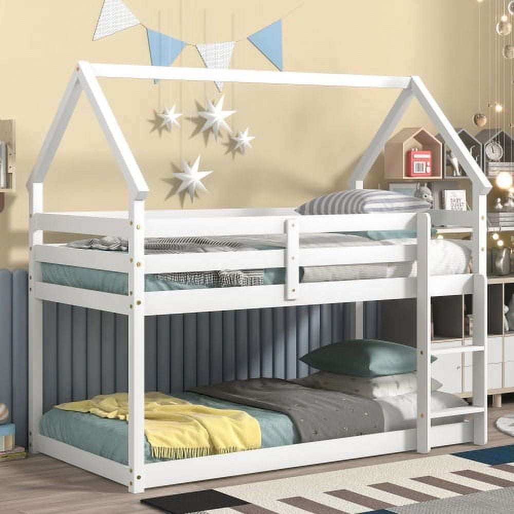 Twin Over Twin Loft Bed, Solid Wood Low Loft Bed Frame With Roof And ... for