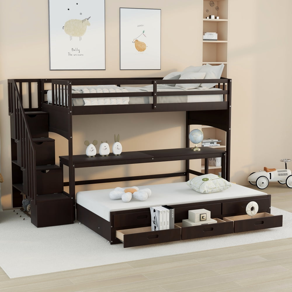 Twin Over Twin Loft Bed With Trundle And 3 Drawers, Solid Wood Bunk Bed ... in Space-Saving Solutions: How a Twin-over-Twin Bunk Bed Transforms a Room