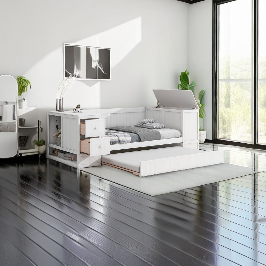 Twin Size Daybed With Storage Arms, Trundle And Charging Station, Solid ... intended for Maximizing Space with a Twin Trundle Exploring Practical Solutions