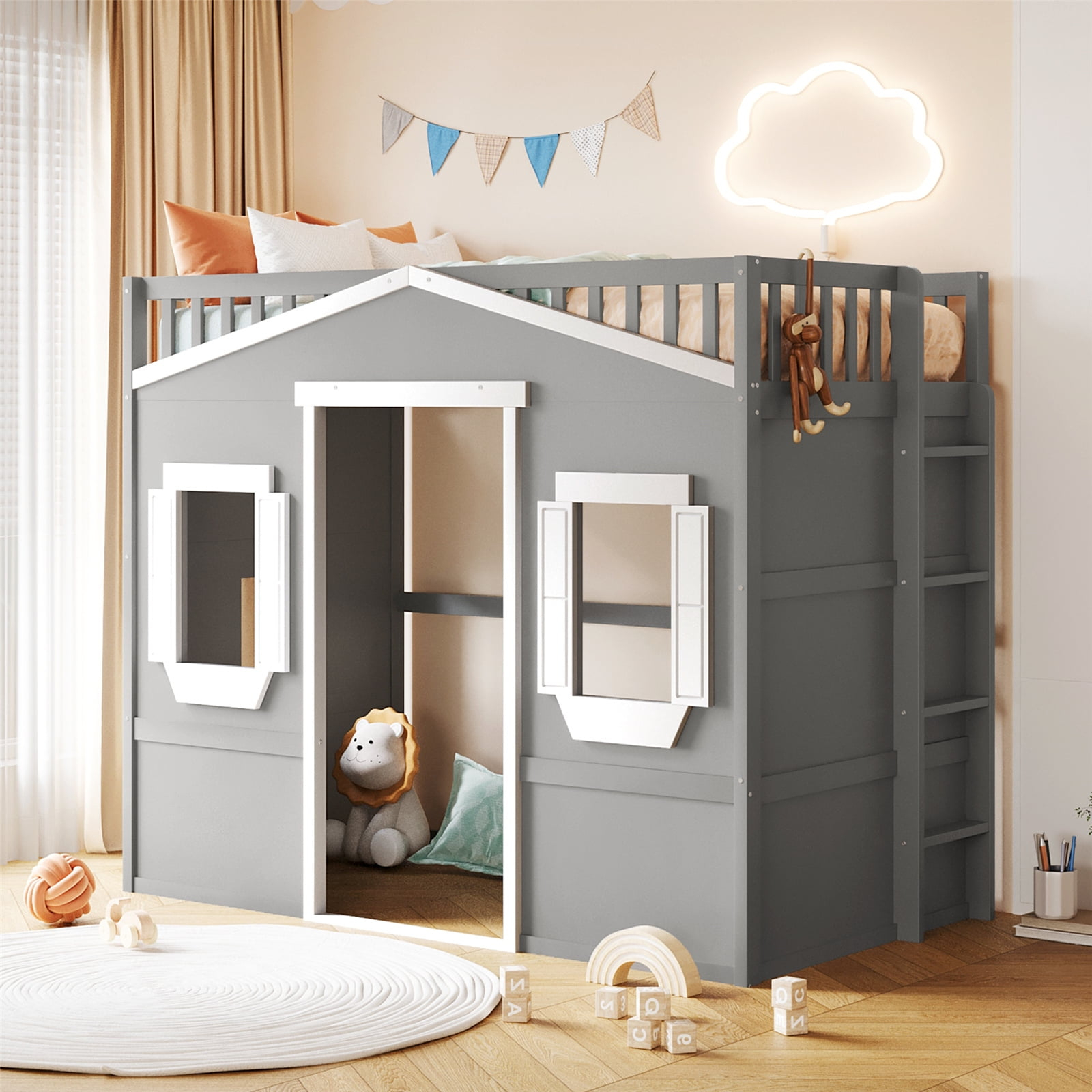 Twin Size House Loft Bed With Ladder And Safety Guardrails, Solid Wood ... pertaining to Safety First The Essentials of Guard Rails and Loft Bed Design