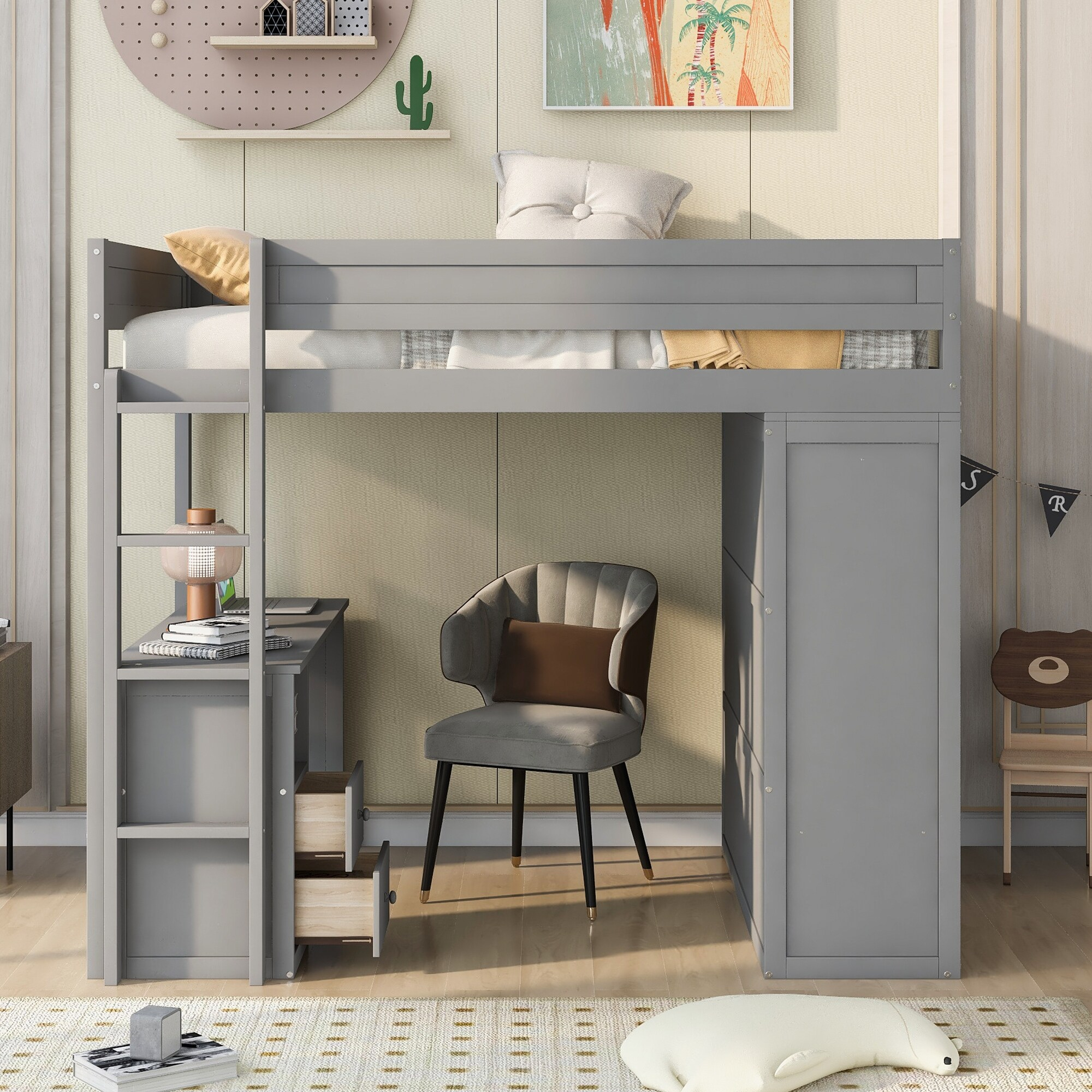 Wood Full Size High Loft Bed With Built-In Desk, Wardrobe And Ladder ... with regard to The Ultimate Guide to Choosing the Right Gewnee Wood Full Size Loft Bed with Built-in Wardrobe for Your Needs