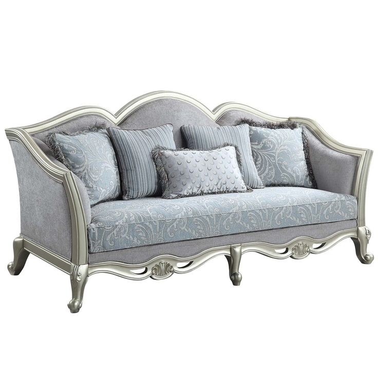 Acme Qunsia Sofa With 5 Pillows In Light Gray Fabric And Champagne ... throughout Exploring the Luxurious Texture of the La Terrazza Chenille Sofa Cappuccino/Light Champagne