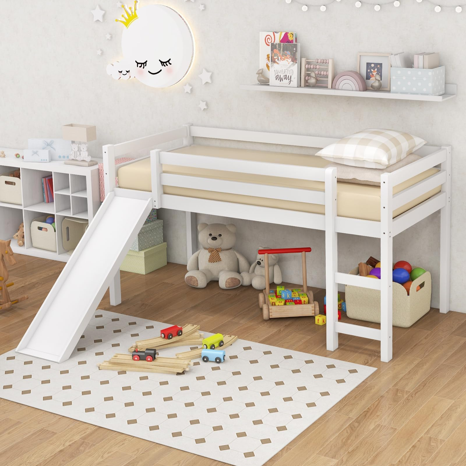 Amazon.com: Giantex Twin Loft Bed With Slide, Wood Low Loft Bed For ... pertaining to