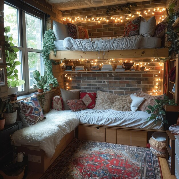 Bunk Bed In A Modern Loft Style With Garland Lights | Premium Ai ... intended for