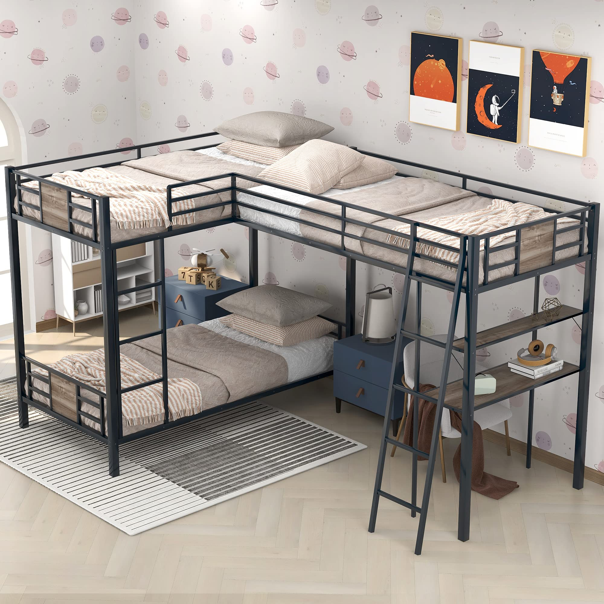 Buy Metal Triple Bunk Bed With Desk And Shelf, L-Shaped Bunk Bed For 3 ... with Space-Saving Innovations Silver Metal Triple Twin Bunk Beds with Built-In Desks for Modern Living